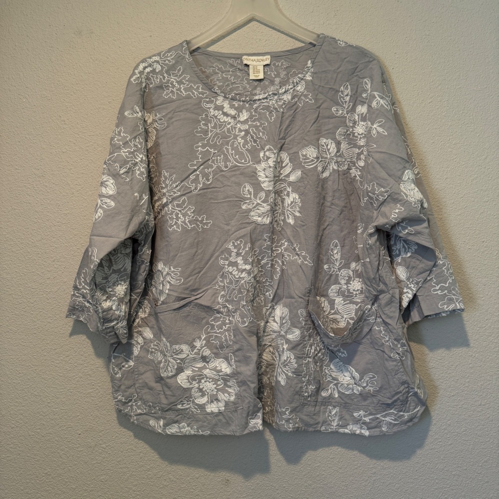Cynthia Rowley Grey Floral Embroidered Boxy Top‎ 3/4 Sleeve Plus 2X Pockets